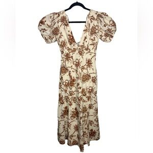 NEW Abercrombie and Fitch Cream Floral Printed Poplin Puff Sleeve Midi Dress XS